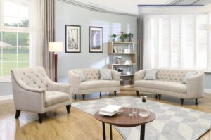 Linen With Nailheads Available in Beige or Grey sofa $699, loveseat $499, chair $399