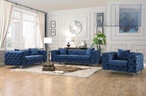 Grey or Blue Velvet Sofa $699, Loveseat $599, and Chair $399