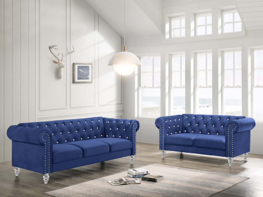 Emma Crystal Royal Blue 2pc Sofa Set $999 Chair $499