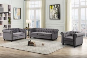 Black, Grey, or Blue Velvet with Silver Nail heads sofa $599, loveseat $499, chair $399