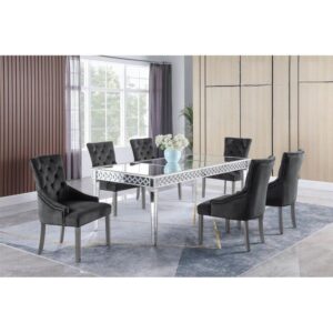 Silver Mirrored Dining Table Chairs Available in Beige, Grey, Blue or Black Velvet With Nailheads 7pc $2059.90