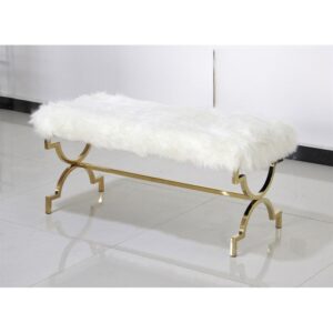 ACCENT BENCH White Faux Fur Bench on a Gold Plated Frame $239.90
