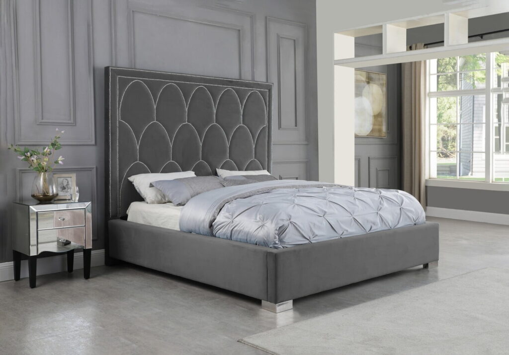Dark Grey Panel Bed in Velvet Fabric w/ Nailhead – California King $758.99