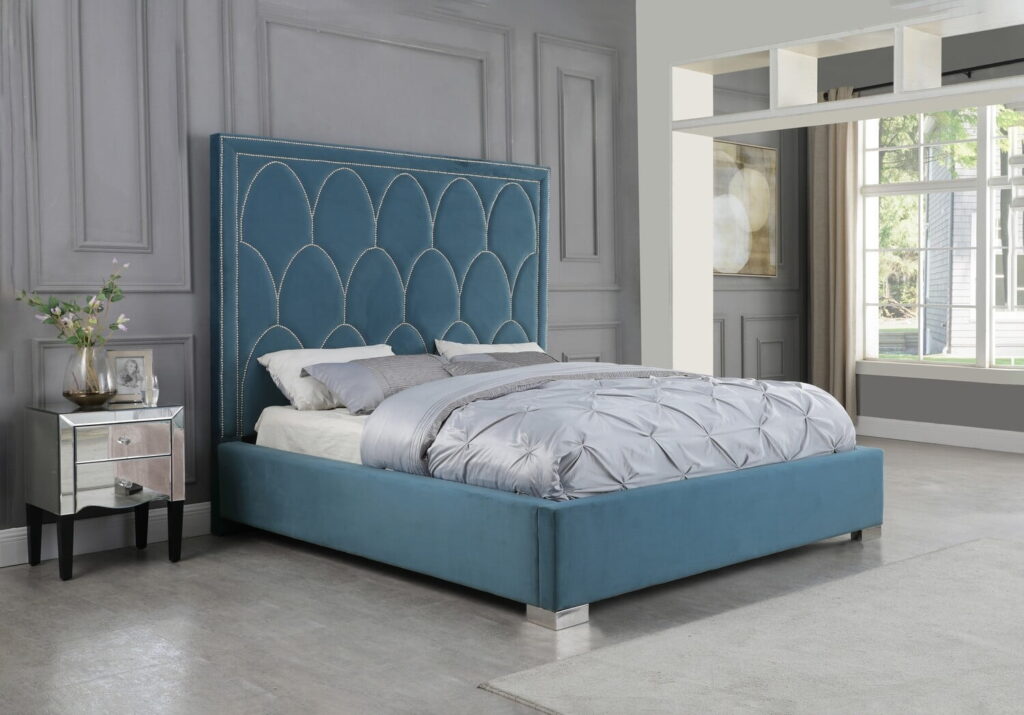 Teal Blue Panel Bed in Velvet Fabric w/ Nailhead – California King $758.99