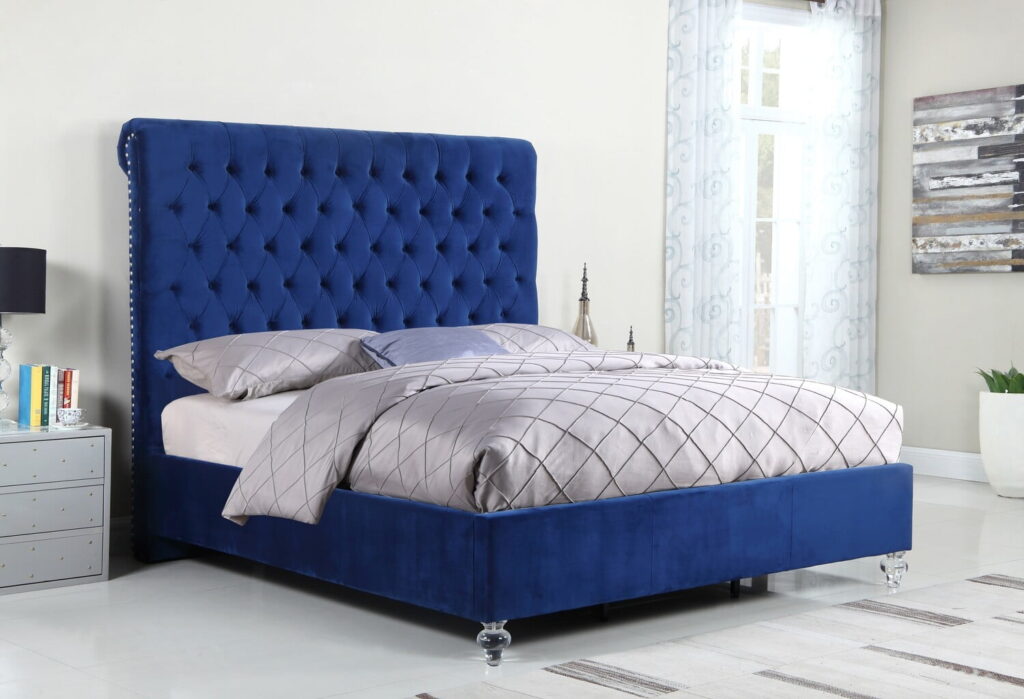 Navy Blue Velvet Uph. Panel Bed with Acrylic Feet – Queen $738.99