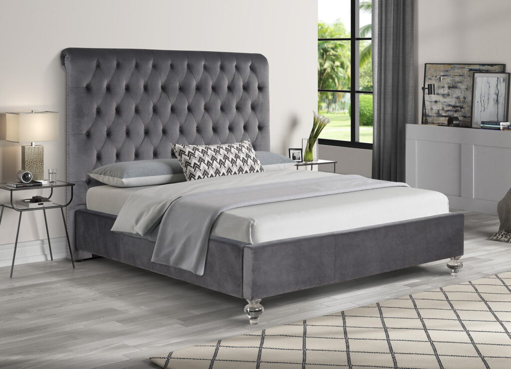 Dark Grey Velvet Uph. Panel Bed with Acrylic Feet – Queen $738.99