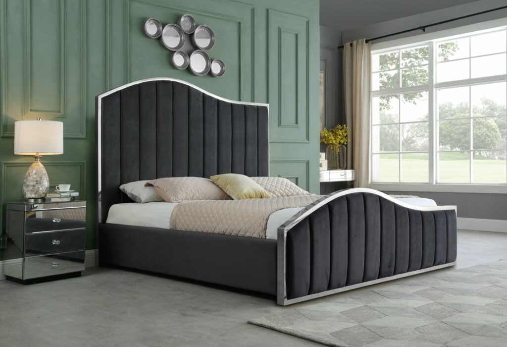 Dark Grey Pleated Velvet Platform Bed, California King Bed $778.99, Black Pleated Velvet Platform Bed, California King Bed $778.99