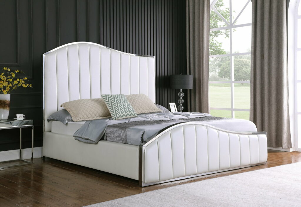 White Pleated Faux Leather Platform Bed, California King Bed $778.99