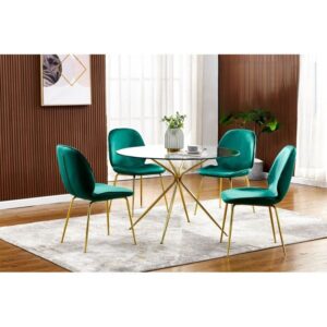 MODERN DINING SET Round Dining Table Glass Top W/ Gold Plated & Chairs in Velvet. Avail. Colors: Black, Blue, Gray, Green or Pink Matching Bar Chair 5pc $809.90