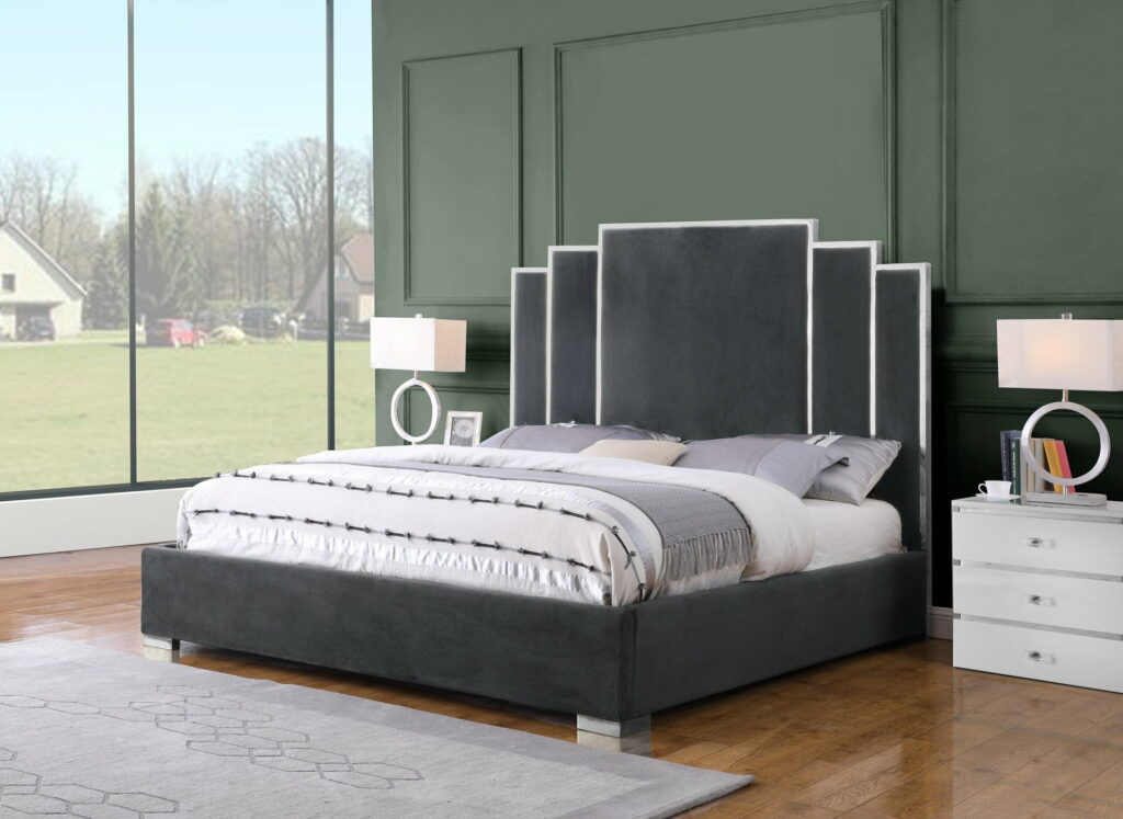Dark Grey Velvet Uph. Platform Bed, California King Bed $698.99