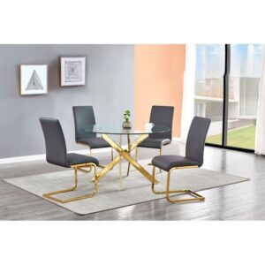 Modern Round Dining Set in Stainless Steel or Gold Plated Frame. Dining Chairs Avail. in: Black, Grey, or White 5pc $729.90
