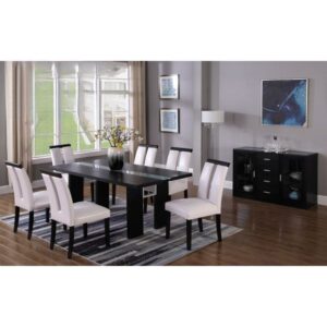 Table: Black Wood With Frosted Glass & LED Lighting Center Chairs : Black wood with White Faux Leather 7pc $1439.90