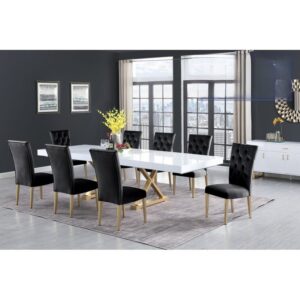 MODERN RECTANGLE DINING SET Lacquered Top with Gold Plated Rectangle Table Dining Set Velvet Dining Chairs with Gold Plated Legs. Available Colors in Black, Blue or Grey. 7pc $2709.90