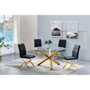 MODERN DINING SET Round Clear Glass With Stainless Steel or Gold Plated Dining Table 5pc $1059.90