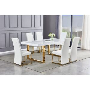 MODERN DINING SET White Dining Table with Stainless Steel or Gold Plated Legs Dining Chair with Faux Leather & Stainless Steel or Gold Plated Chairs Avail.: Black, Grey, and White 7pc $1679.90