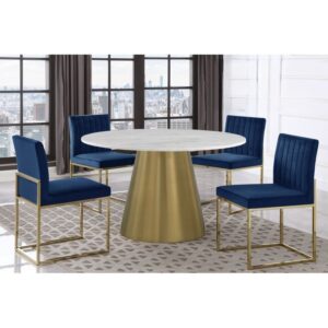 MODERN ROUND DINING SET Marble Top with Gold Plated Round Dining Set Velvet Dining Chairs with Gold Plated Legs. Available Colors in Black, Cream, Grey, or Navy. 5pc $1799.90