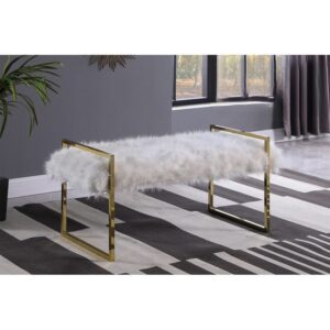 ACCENT BENCH White Faux Fur Bench On A Gold Plated Frame $159.90